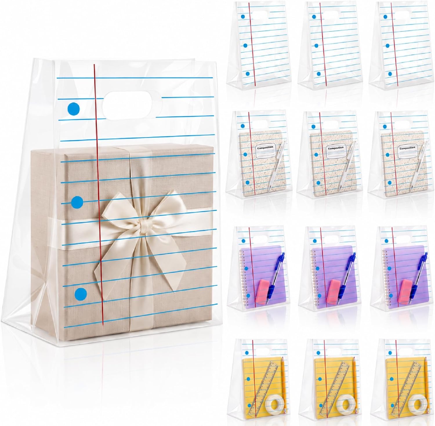Pasimy 25 Pcs Back to School Gift Bags with Handle 7.9 x 11.8 Inch Notebook Line Treat Bags Teacher Appreciation Goodie Pouches for Classroom Merchandise First Day of School Party Supplies (Notebook)