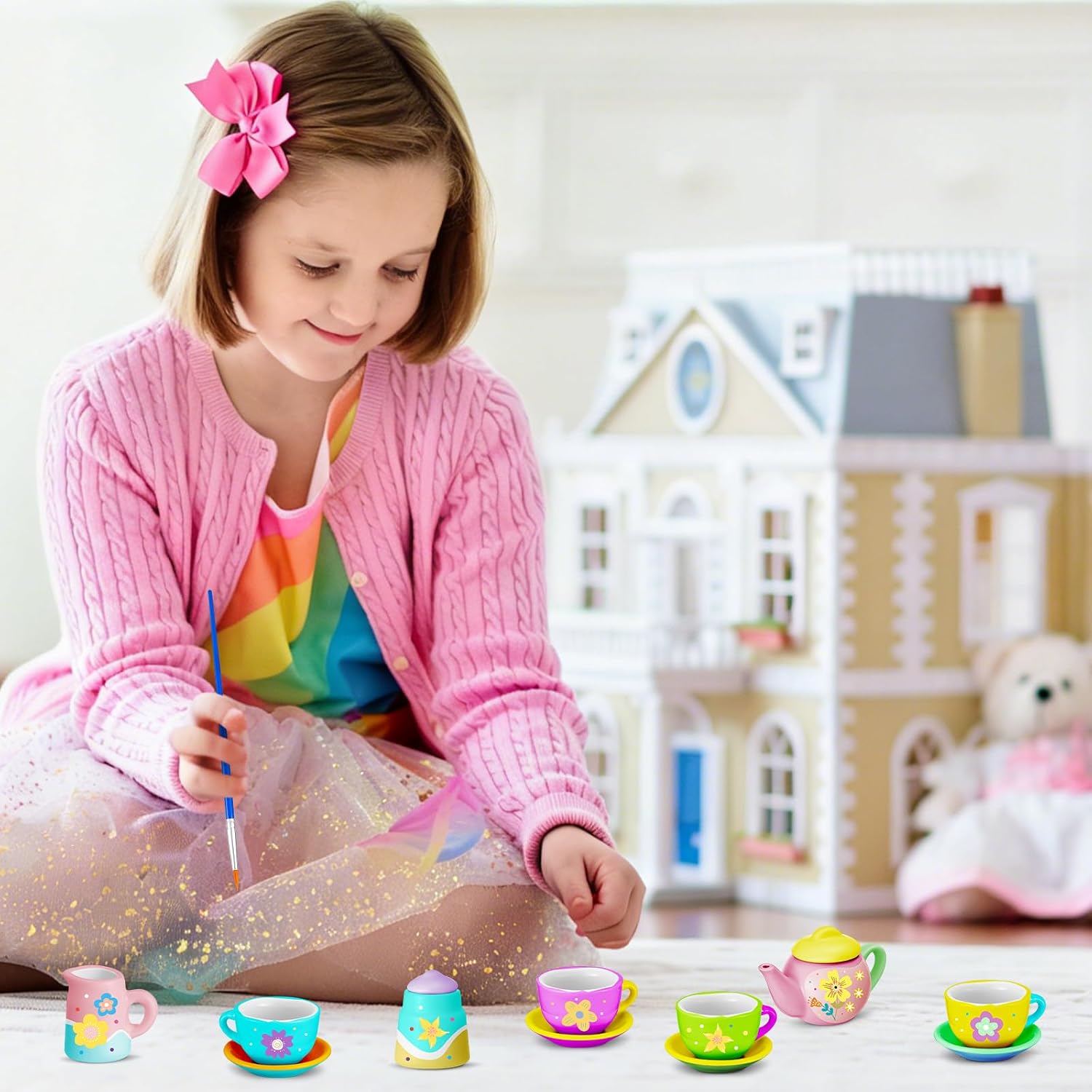45 Pcs Porcelain Mini Tea Cup Set Including Porcelain Dishes Brush Children Ceramic Play DIY Craftfor Kids Girls 6-8 and up Party Birthday Gift Baby Shower Wedding Supplies(Lovely Style)