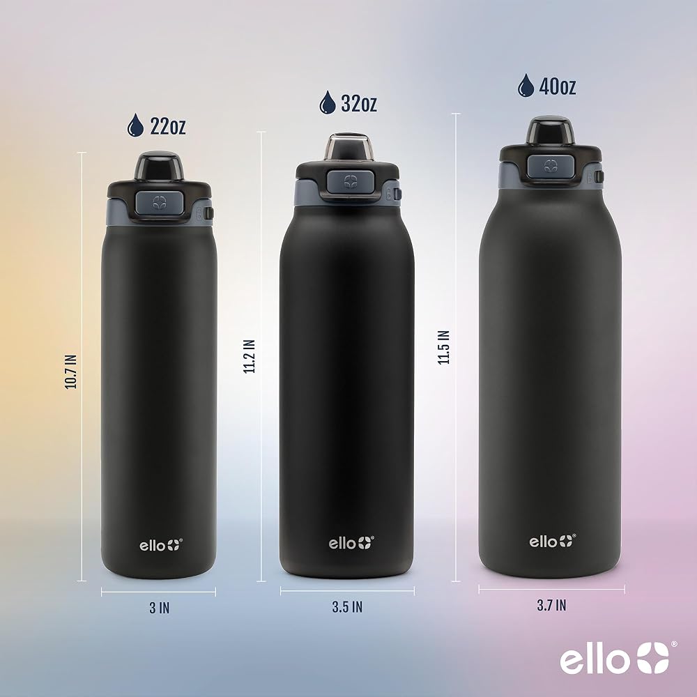 Ello Pop & Fill 22oz Stainless Steel Water Bottle with Quick Fill Technology, Double Walled and Vacuum Insulated Metal, Leak Proof Locking Lid, Sip and Chug, Reusable, BPA Free, Black