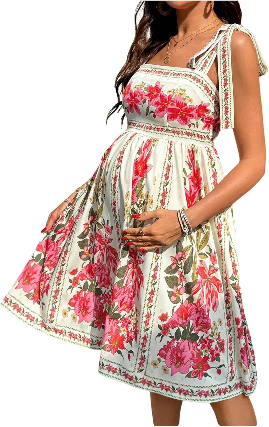 OYOANGLE Women's Maternity Floral Flowy Dresses Bow Tie Shoulder Short Sundress Sleeveless Boho Pregnancy Dress