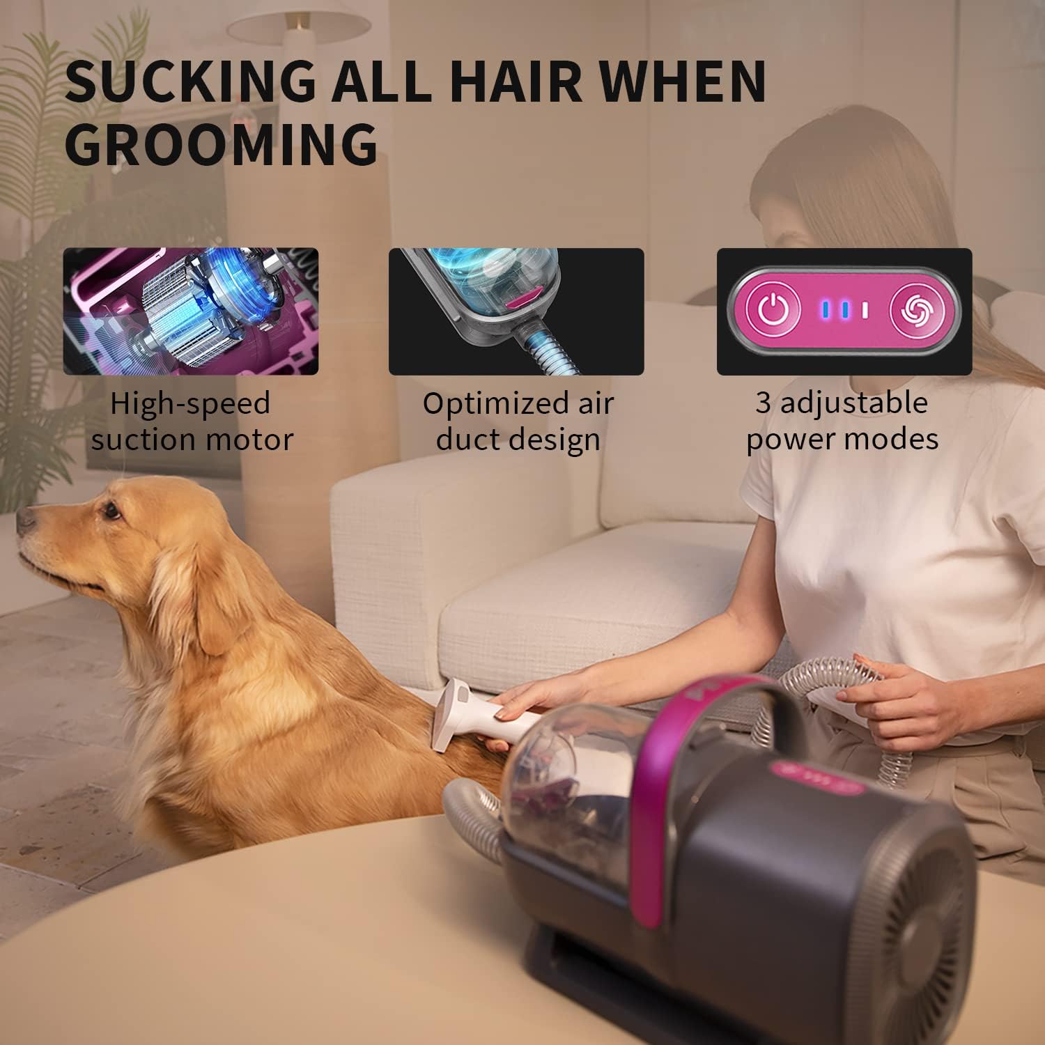 Pet grooming vacuum in use on a dog, highlighting suction and power modes