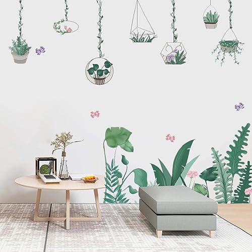 Calcomanías de pared de cactus para colgar en maceta hojas y plantas de color verde tropical calcomanías de pared de cactus calcomanías decorativas