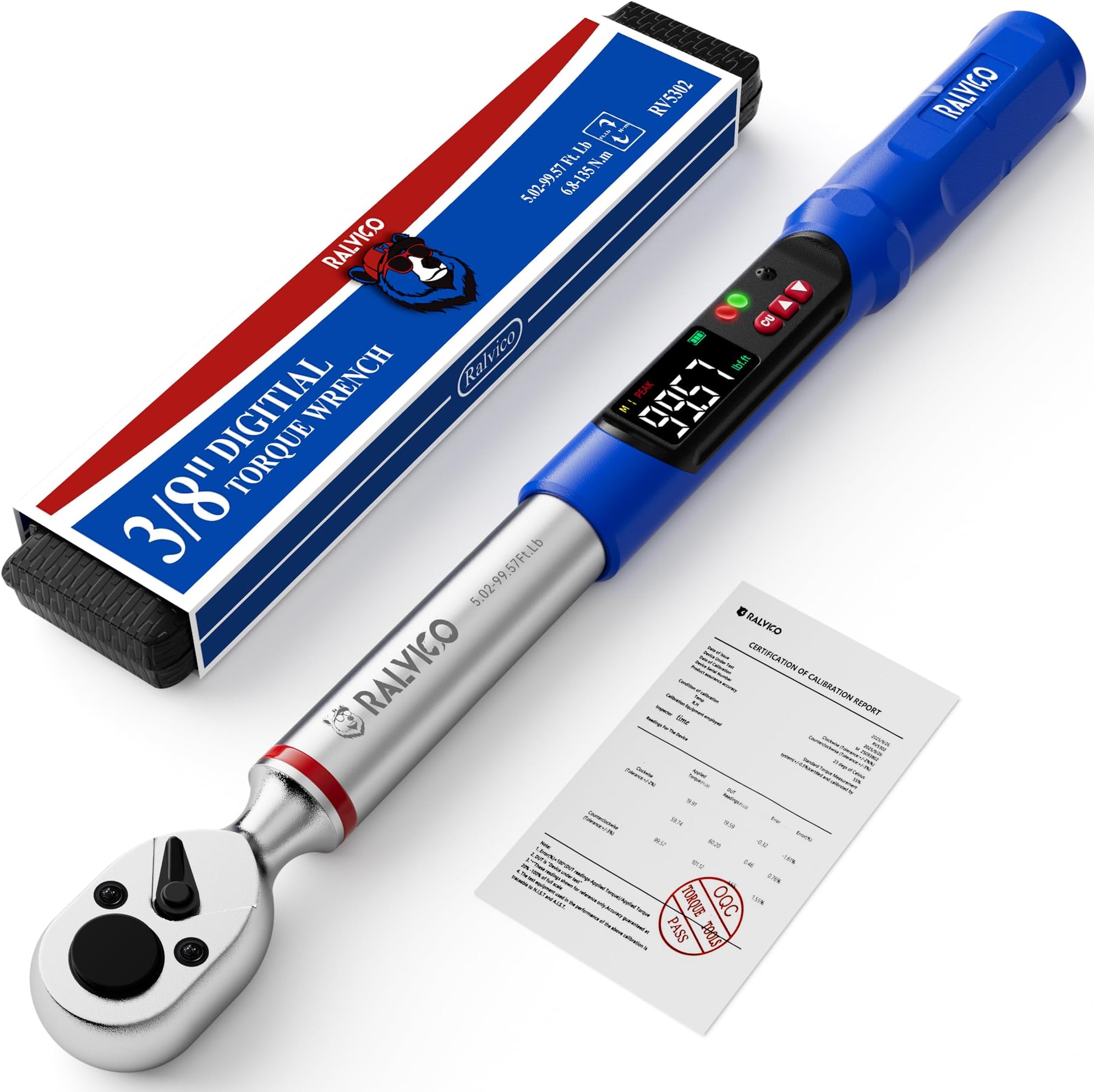 Digital Torque Wrench 3/8 Drive (5.02-99.57 Ft. Lb/ 6.8-135 N.m) ±2% Accuracy Dual-Direction Adjustable Torque Wrenches Digital with Vibration, Buzzer and LED Alert for Motorcycle, Car | 5.02-99.57 Ft-Lb (6.8-135 N.m)，±2% Accuracy，Peak & Track Mode，Color LED & Buzzer Alerts，Quick Release Head
