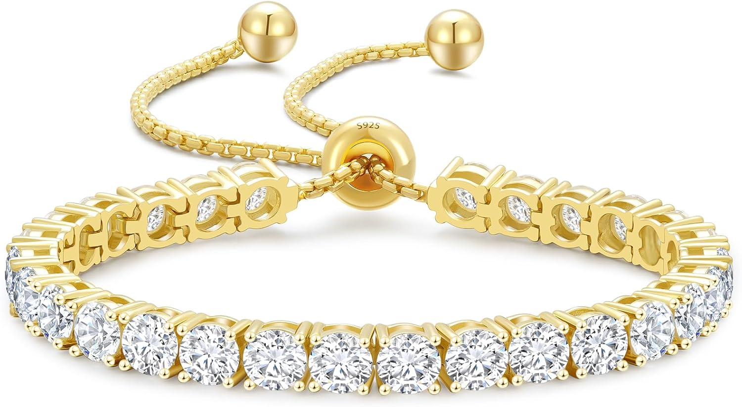 KRKC&CO Tennis Bracelet, Adjustable Length S925 Sterling Silver 2/3/4mm, Christmas Birthday Gifts for Her, Gift Box, Cubic Zirconia Bolo Bracelets for Women White/14K Gold Plated, Hypoallergenic