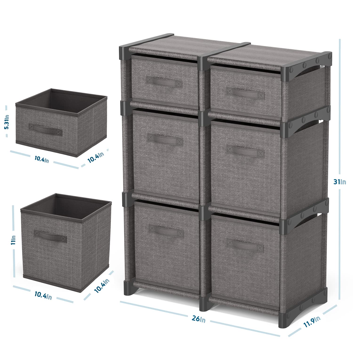 6 Cube Storage Organizer - Gray Cube Organizer Shelf, DIY Storage Cubes Organizer Shelves with Fabric Storage Cubes, Sturdy Cubbies Storage Shelves, Cube Storage Shelf for Bedroom, Playroom and More