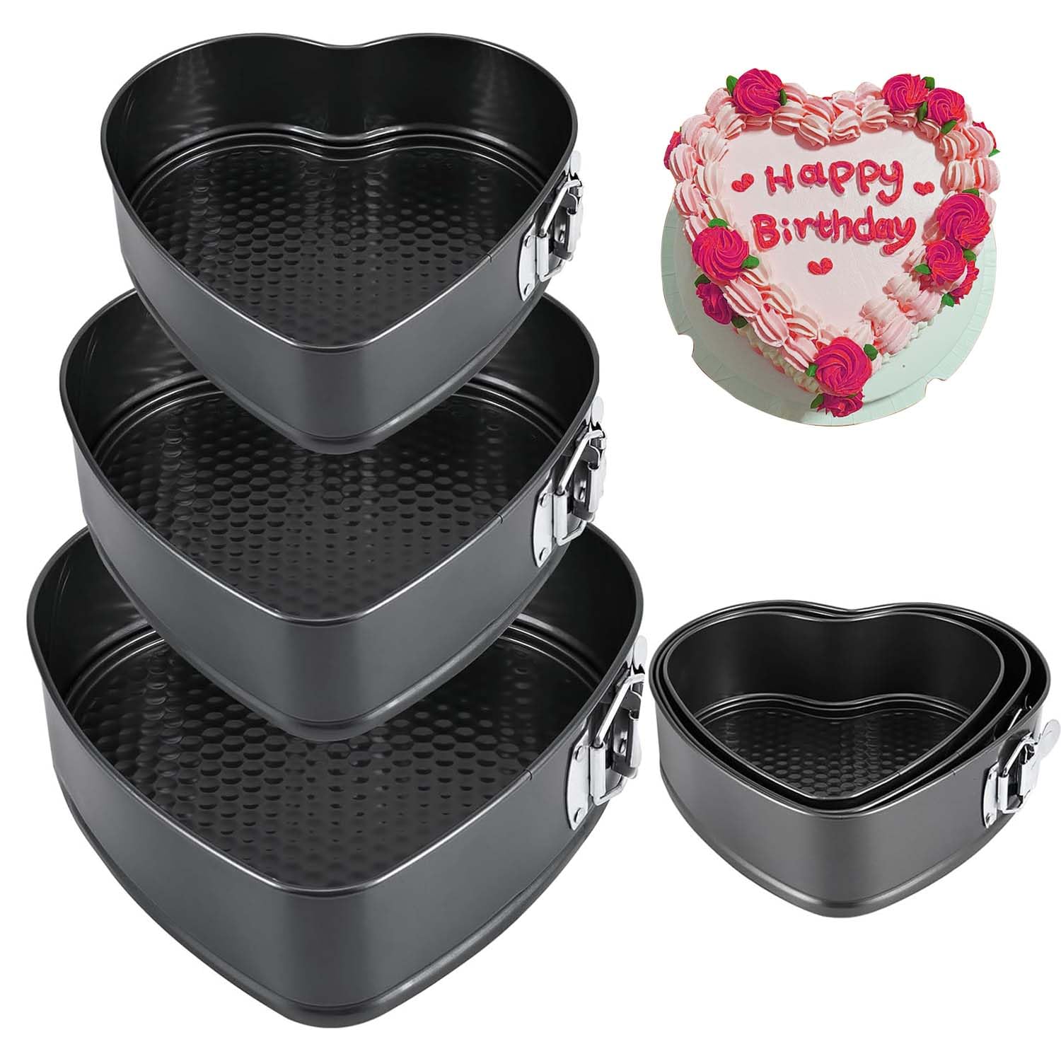 Punklong 3 Pcs Heart Cake Tin Set, Tins for Baking Removable Bottom Non Stick Baking Pan, Even Heat Distribution Heart Shaped Cake Tin,Honeycomb Chass is Carbon Steel and Sizes is 20/22/24cm