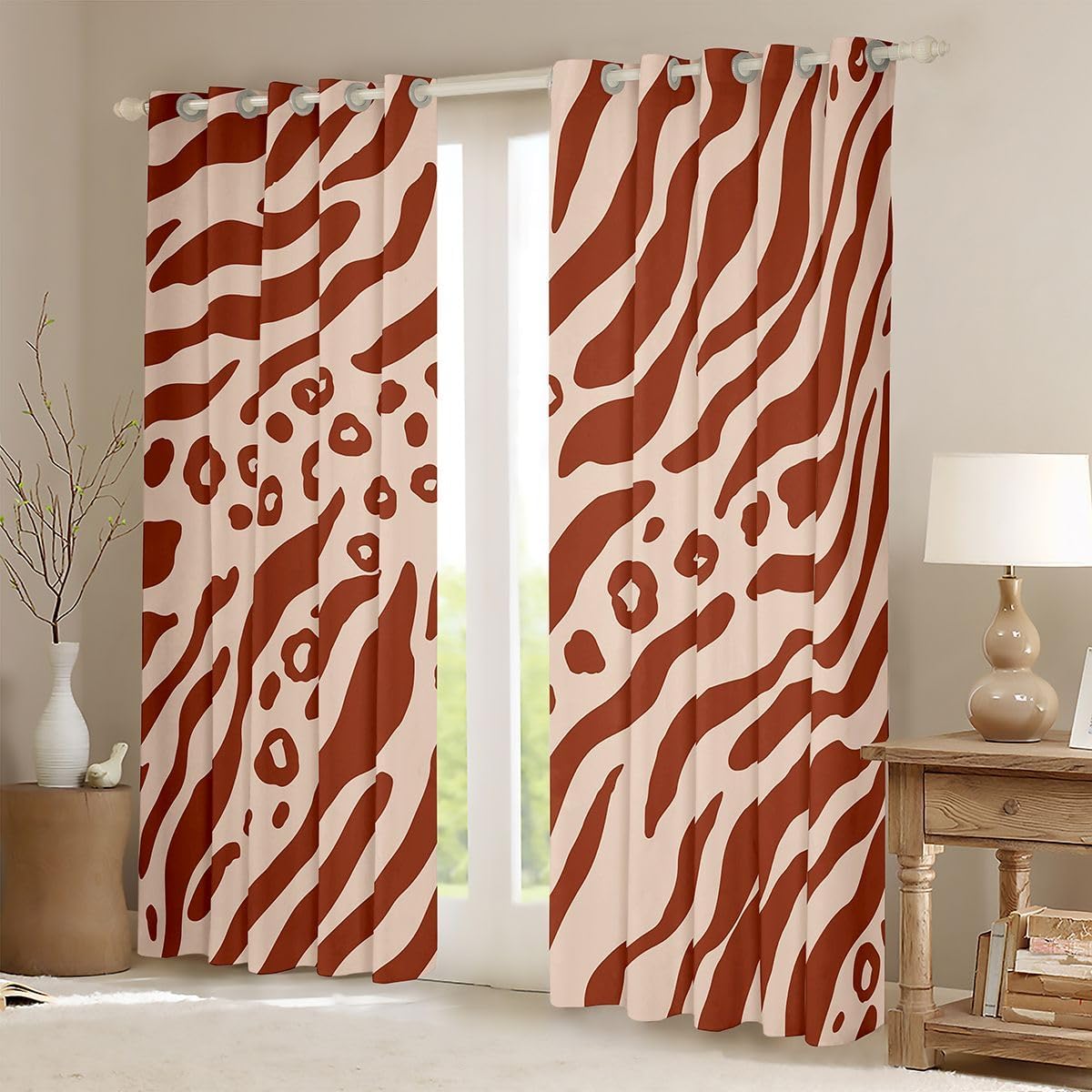 Trendy Leopard Print Window Curtains Zebra Stripe Geometric Window Drapes,Retro Red Blackout Window Treatments,Abstract Boys Girls Room Decor, Grommet Top 2 Panel Set Bedroom Curtains, 52Wx63L inch