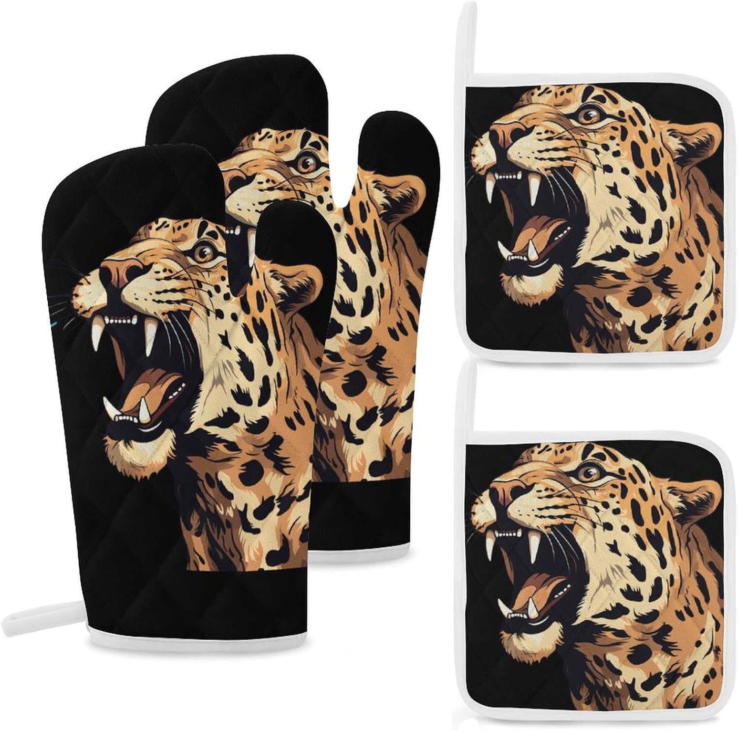 Leopard 4 Pcs Oven Mitts and Pot Holders Set High Heat Resistant Long Kitchen Oven Glove Potholders