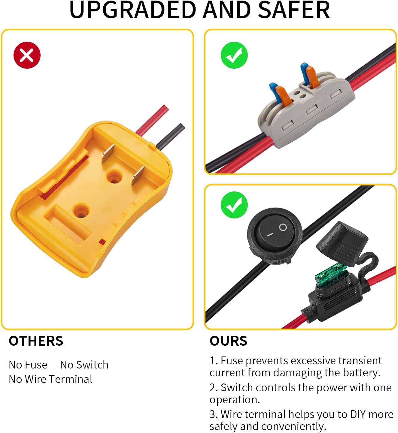 2 Pack Power Wheel Adapter for Dewalt 20V Battery Series with Fuse, Switch & Wire Terminal, 3Pcs 30A Fuse, 12 AWG Wire Battery Converter Connector DIY for RC Toys, Robotics, Truck and Work Lights (2) - Image 2