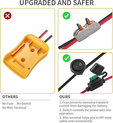 Miniatura 2 de Paquete de 2 adaptadores de rueda de alimentación para serie de baterías Dewalt de 20 V con fusible, interruptor y terminal de cable, 3 fusibles de
