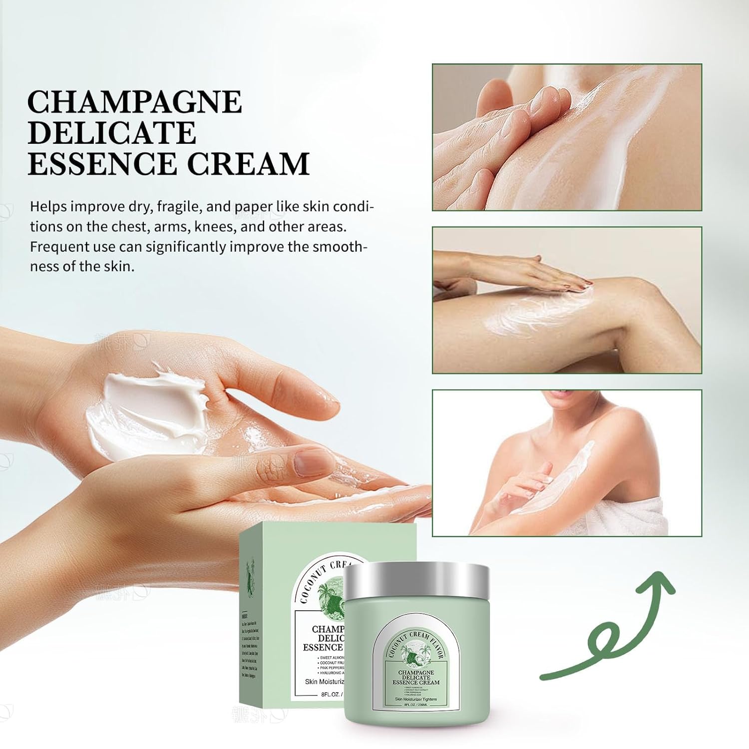 Champagne Lift Body Cream – Visibly Smooth Wrinkles & Dry, Fragile Skin | Firming Hydrating Body Cream For Face, Chest, Arms, Knees | Restores Youthful Glow | 8 Fl Oz (8 floz, Coconut) - Image 5
