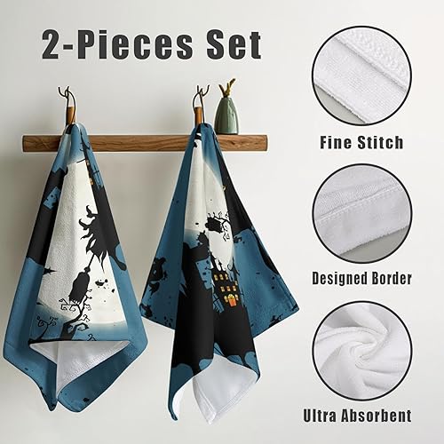 Miniatura 4 de Kwlegh Juego de 2 paños de cocina de bruja y luna de Halloween, juego de 2 toallas de baño espeluznantes de castillo, calabazas, murciélagos,