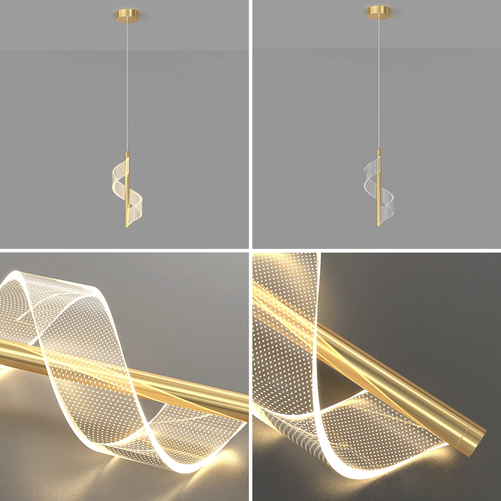 Złota spiralna lampa wisząca, mini lampka nocna wisząca, nowoczesny żyrandol LED, aluminiowe długie lampy wiszące ze skręconym akrylowym kloszem, 3 tryby kolorów oświetlenia Drop Lights