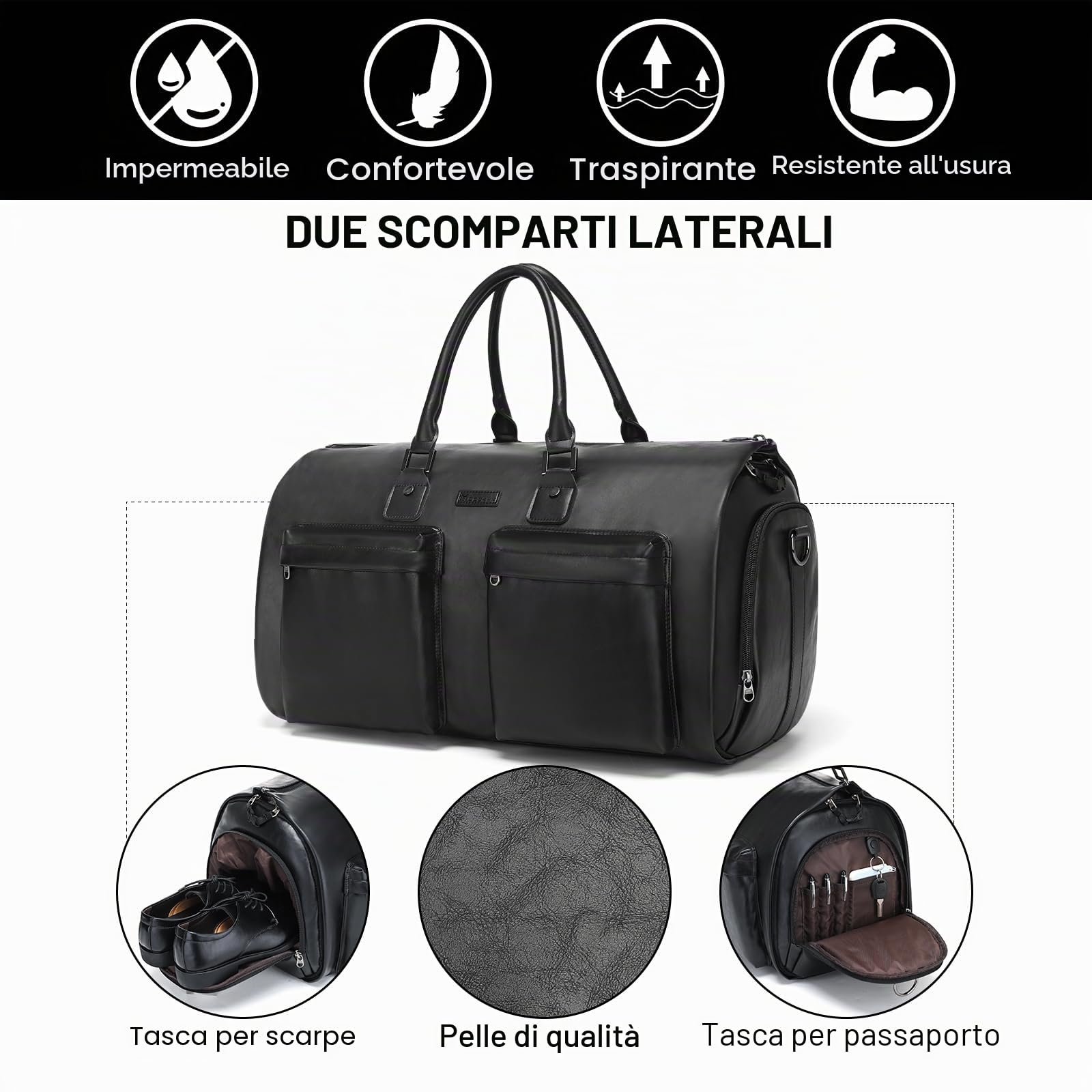 Modoker Porta Abiti Convertibile in Pelle, Borse Porta Abiti da Viaggio Borsone Porta Abiti Impermeabile Regali per Uomo Donna Business - 2 in 1 Valigia da Appendere Borse da Viaggio, Nero