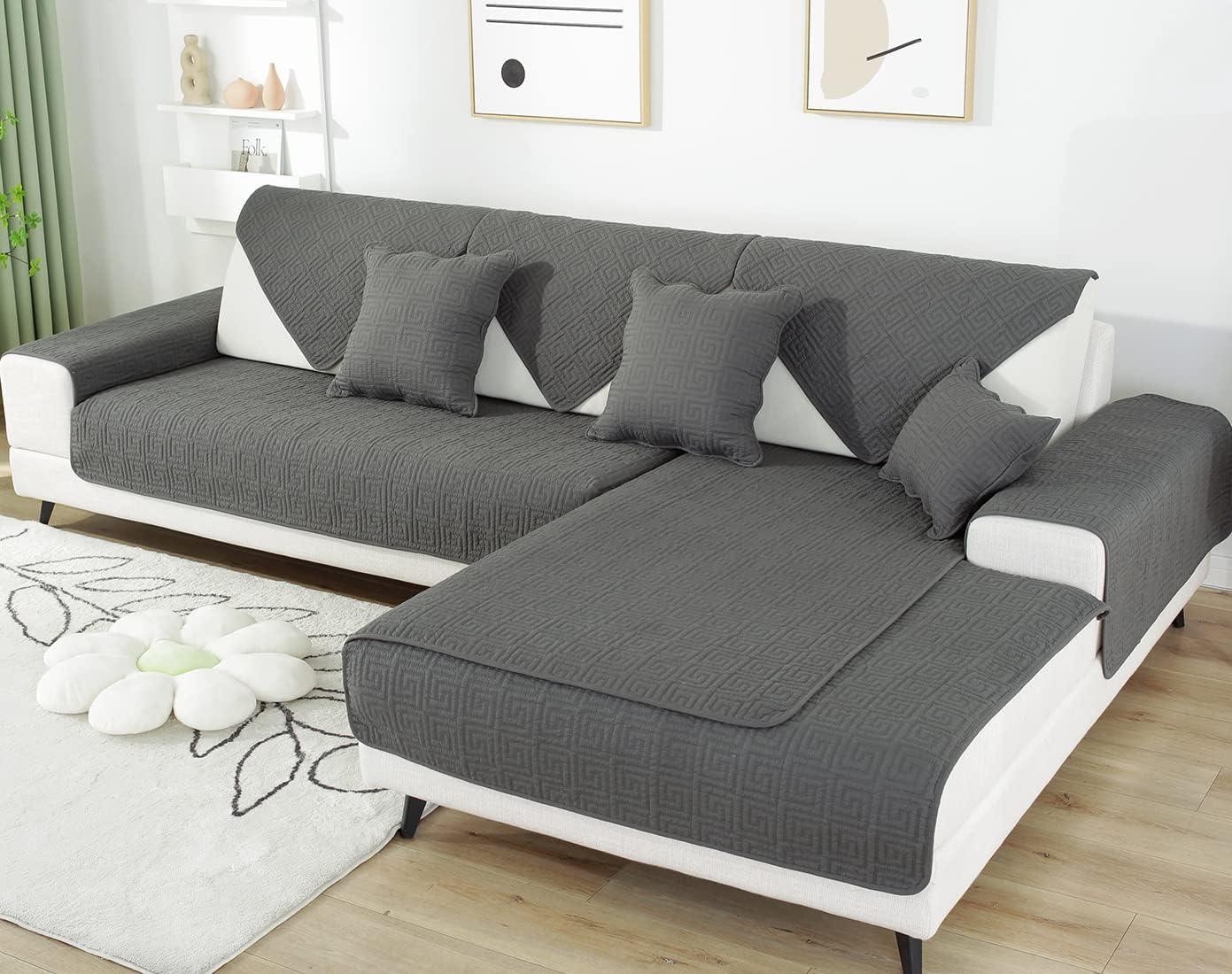 vctops Geometric Embroidery Cotton Sofa Couch Cover Non Slip Quilted Sectional Couch Covers Farmhouse Solid Color Sofa Slipcover for Dogs, Children, Pets Furniture Protector (Dark Grey,36"x94")