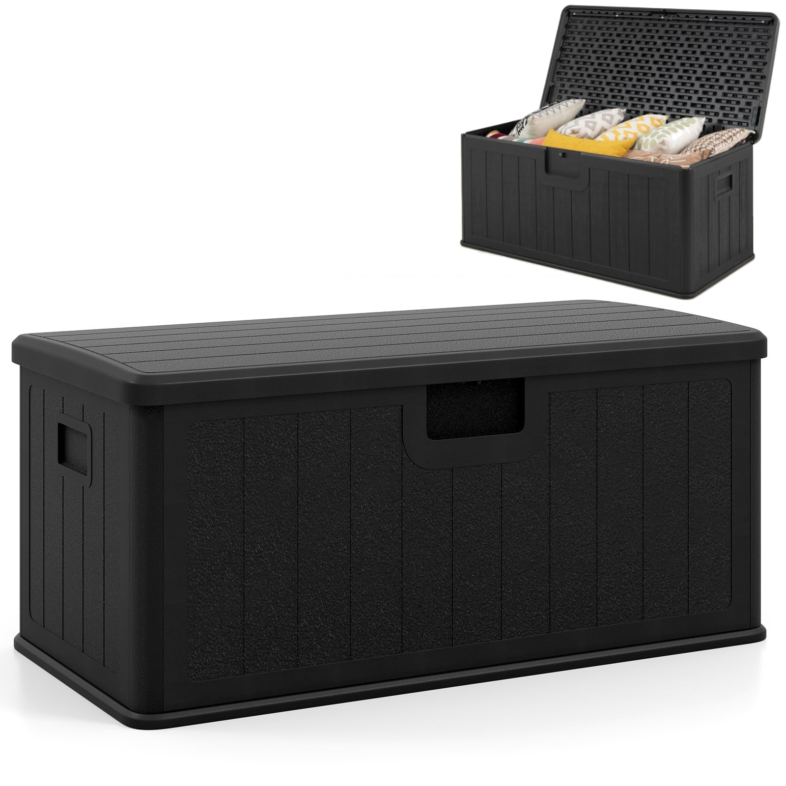 COSTWAY 300L/380L Garden Storage Box, Waterproof Resin Deck Box Bench with Lockable Lid & Side Handles, Wood Texture Outdoor Patio Storage Container for Cushion Tool Toy (380L, Black)