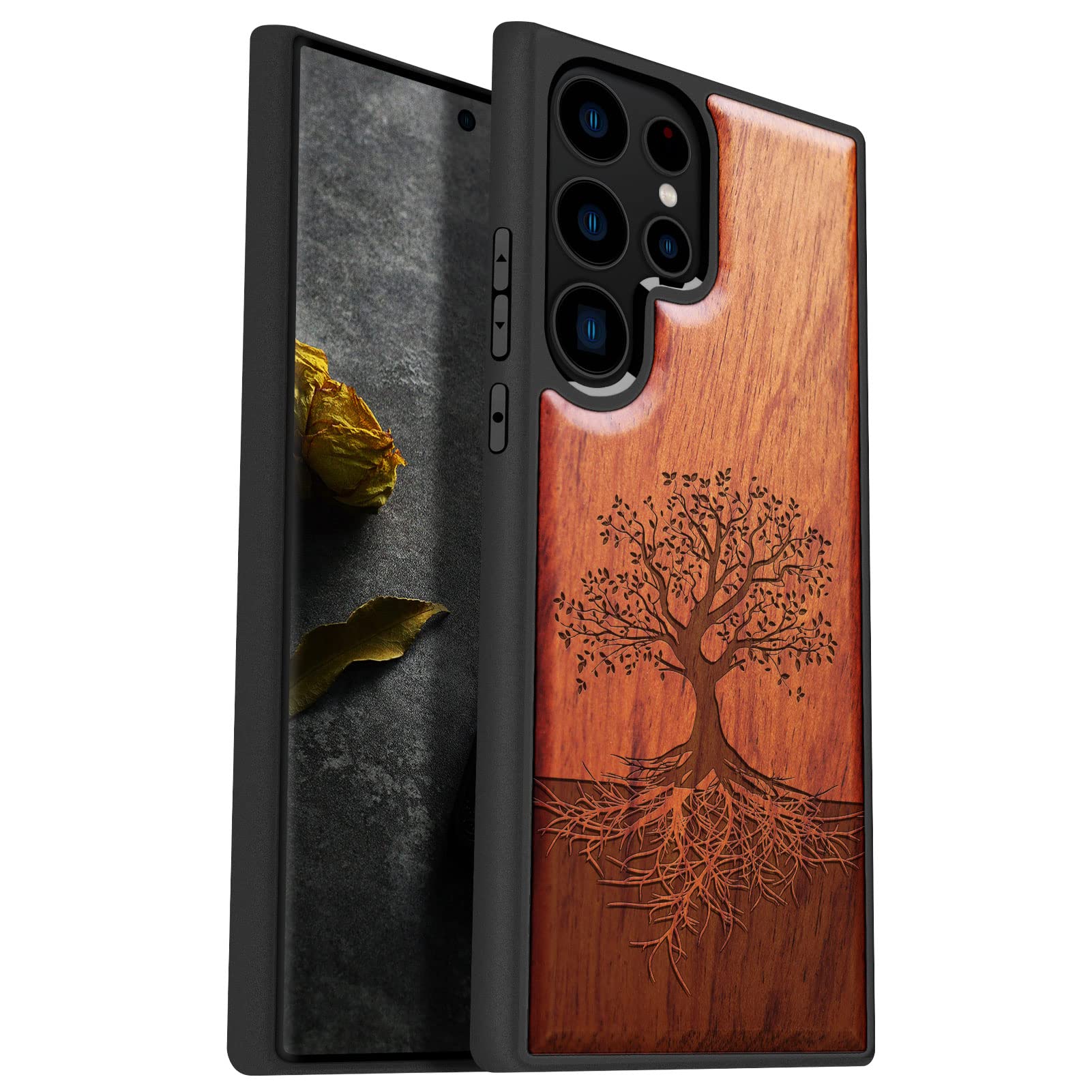 Carveit Wood Case for Galaxy S23 Ultra Case [Natural Wood & Black Soft TPU] Shockproof Protective Cover Unique & Classy Wooden Design Compatible with