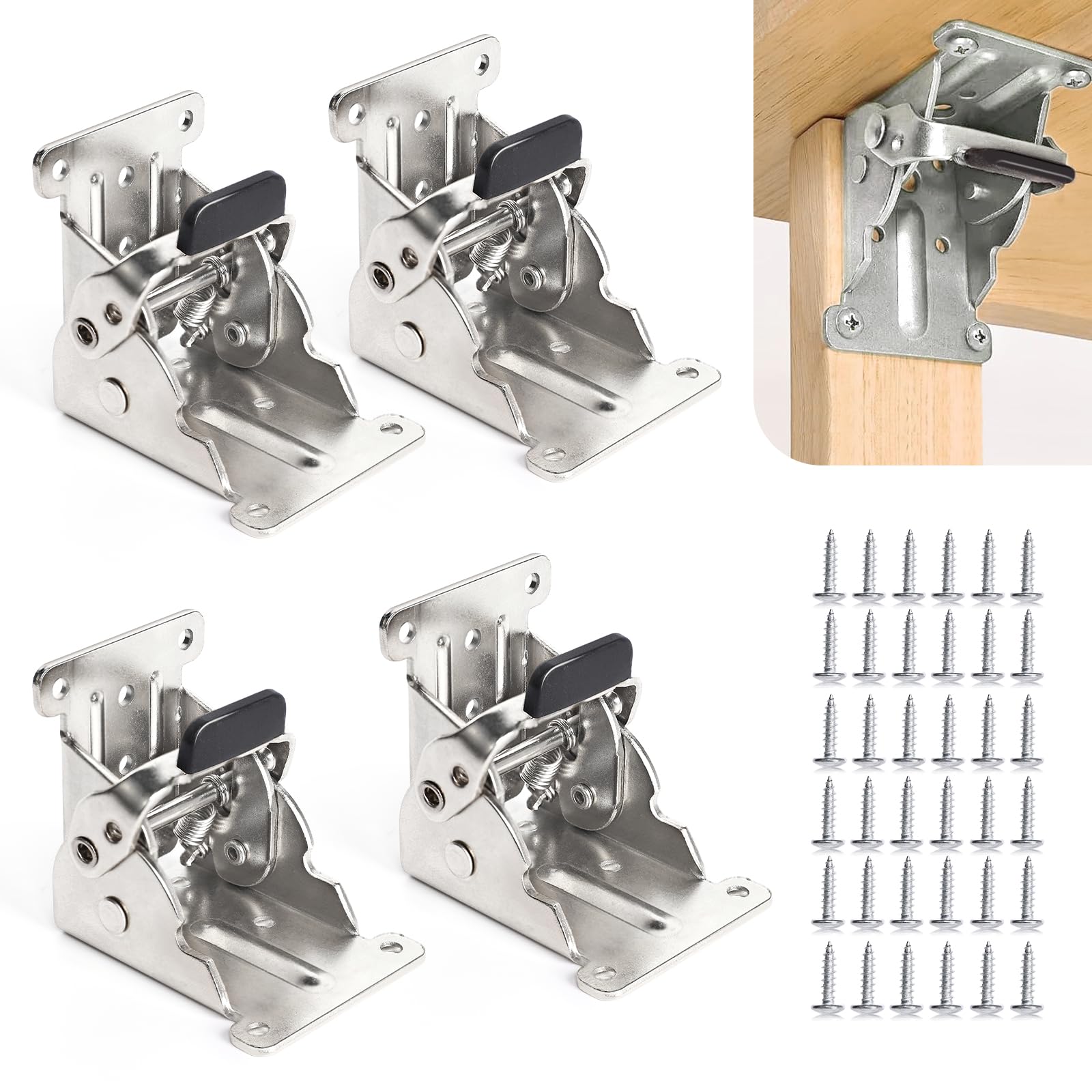 4 Pack Locking Hinge for Folding Leg Brackets,Heavy Duty Folding Brackets 90 Degree Self Locking Folding Hinge for Table Legs Furniture(Silver) — image 1