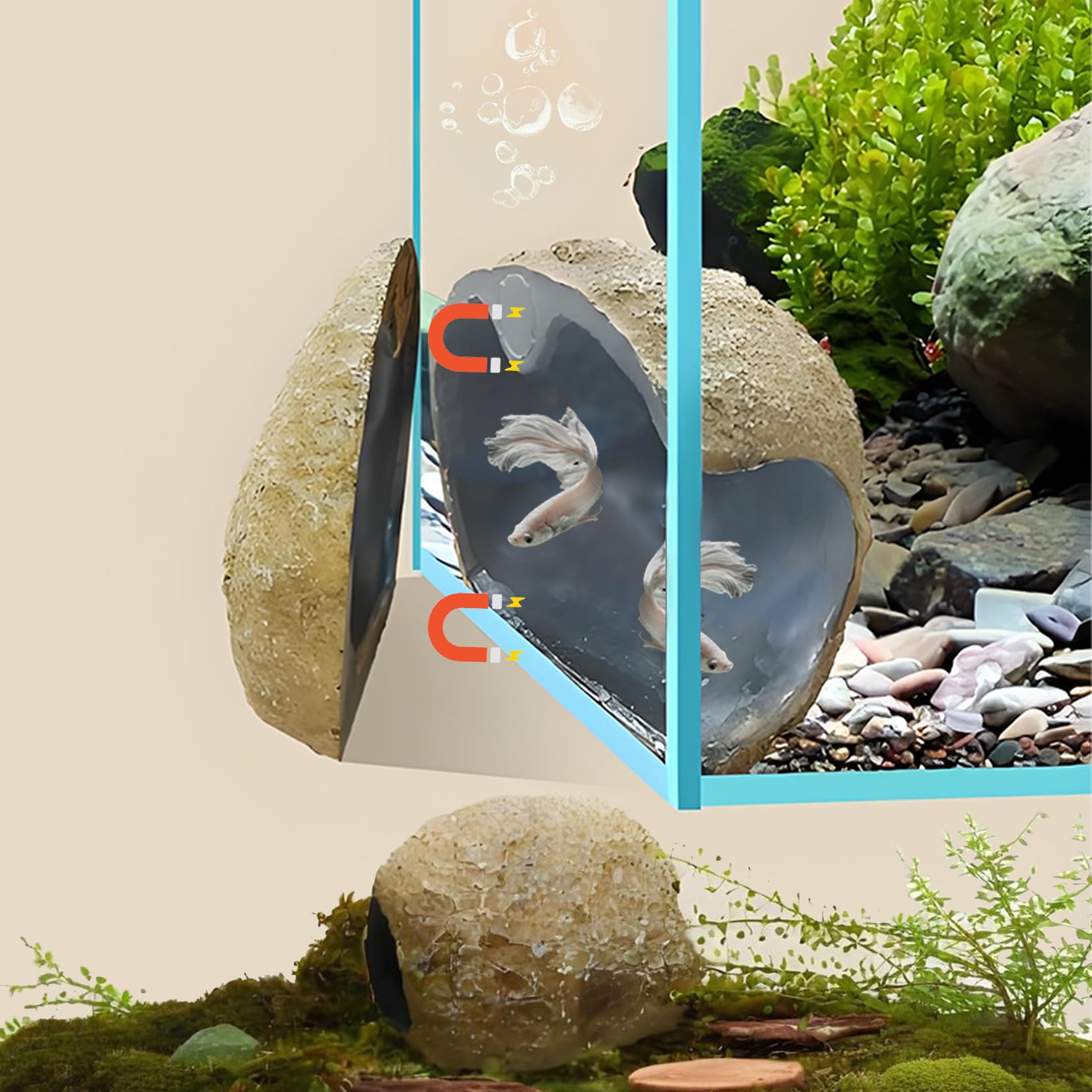 Aquarium Decor Ornaments,Magnetic Detachable Fish Tank Decorations Hideout,Resin Fish House for Betta Fish Tank Decor,Shrimp Tank Accessories Cichlid Caves for Aquarium