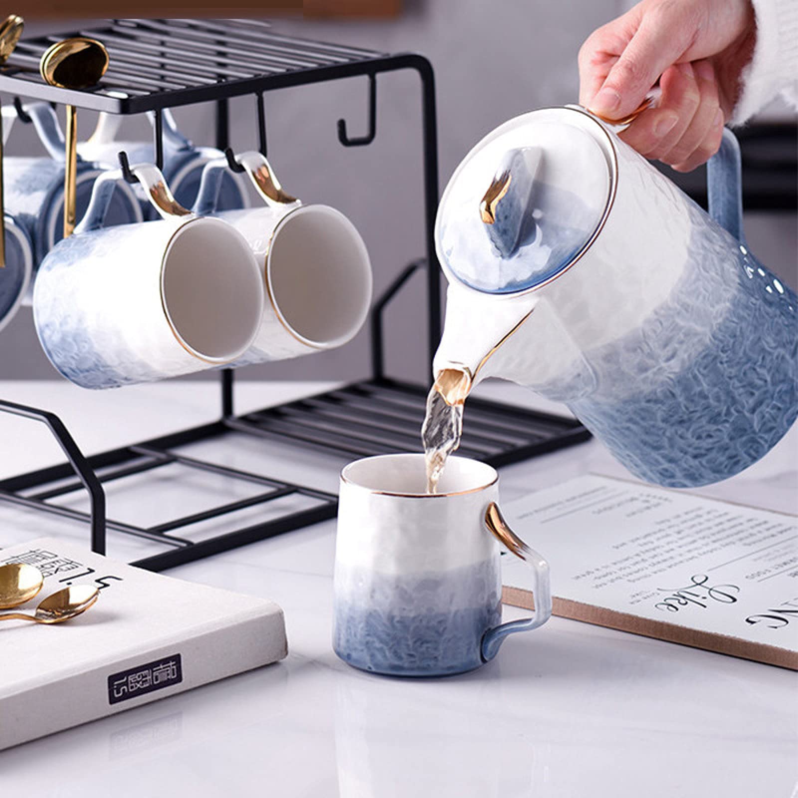 Service à thé en Porcelaine Anglaise Bleue 8 pièces pour Adultes, Une théière, Un Ensemble de 6 Tasses à café avec Support en métal