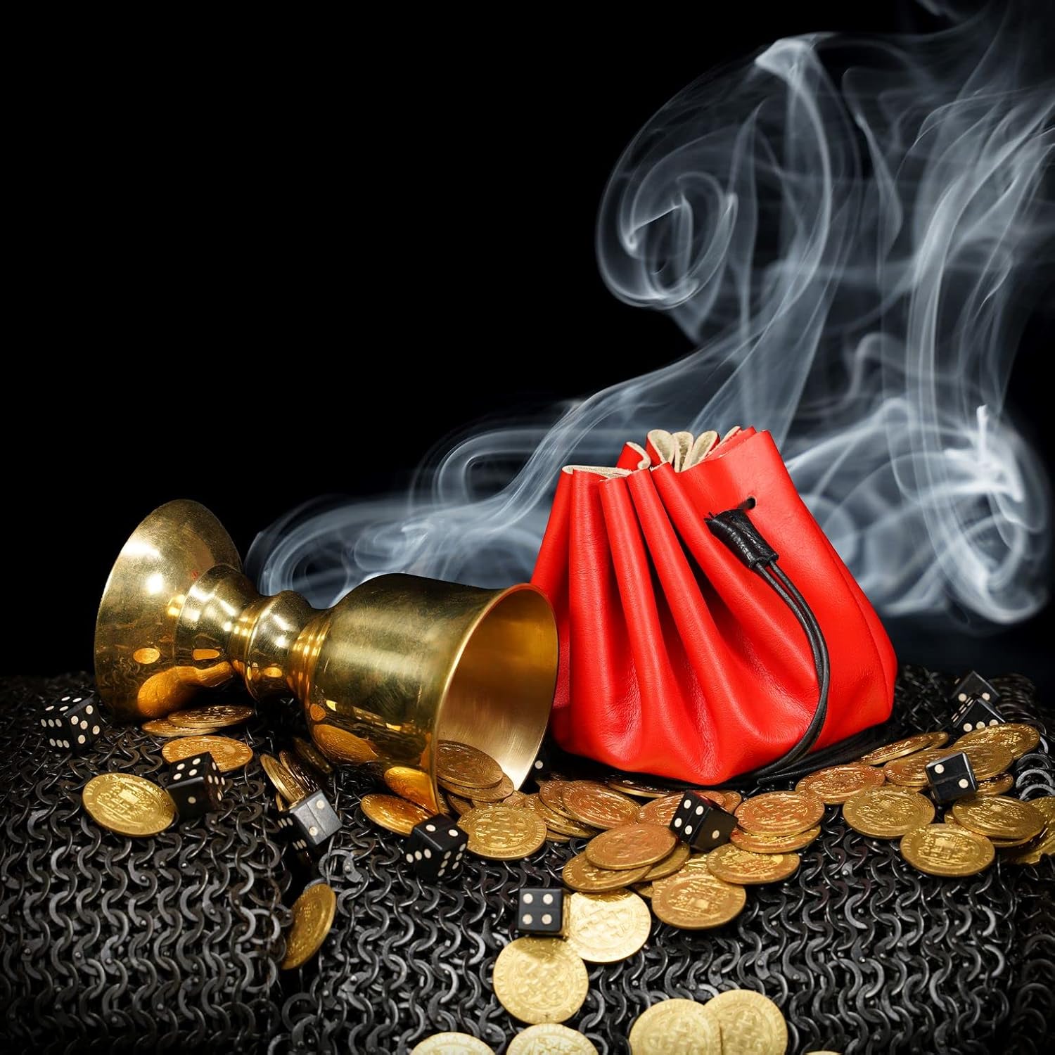 Mythrojan medieval leather pouch renaissance drawstring belt bag for larp, viking, cosplay, coin & jewelry waist purse- red, 4.9"x3.5"