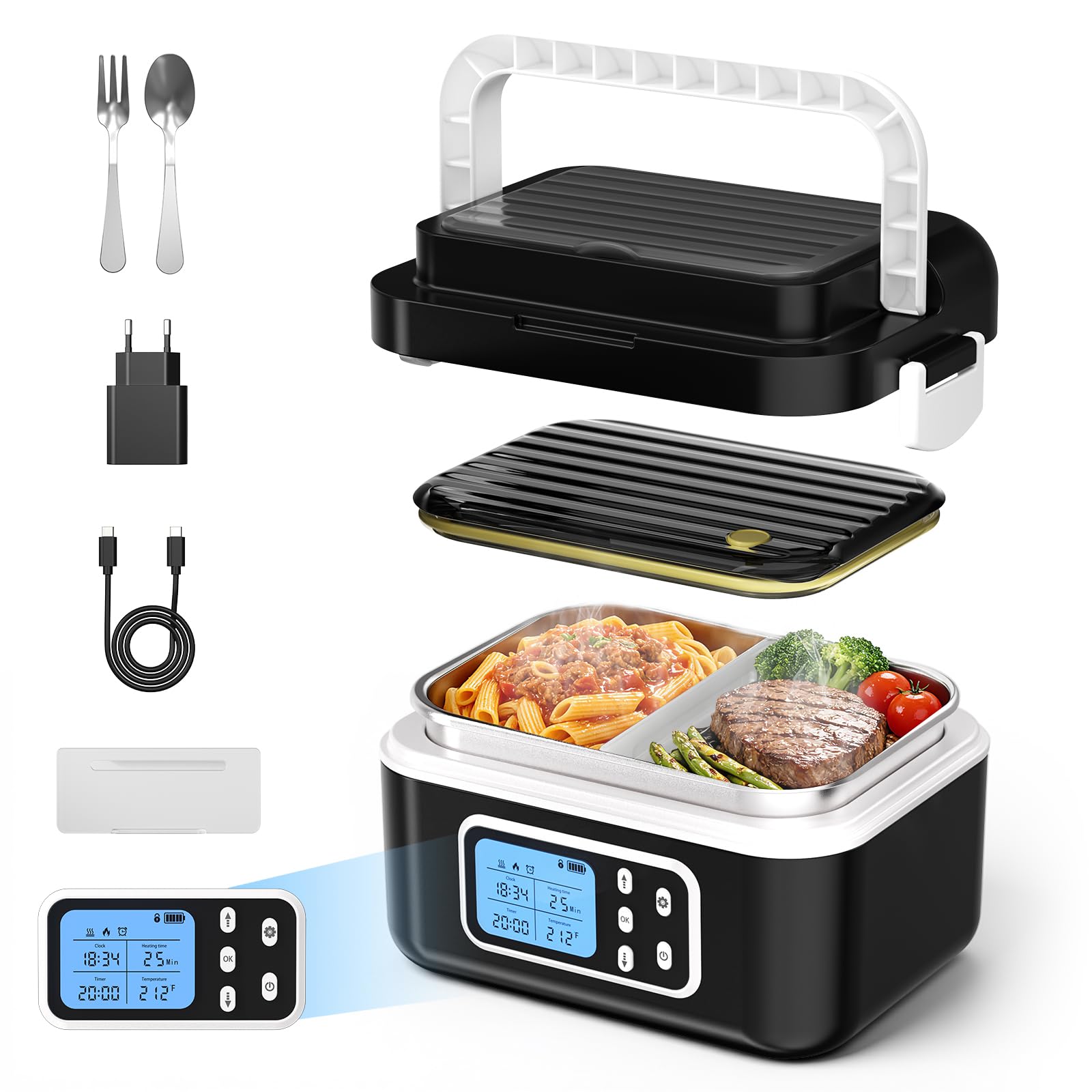 Fiambrera Electrica,Calentador de Comida Portatil 1.5L para Comida con Pantalla Táctil,Taper Termico Comida Caliente con Vajilla de Acero Inoxidable y Bolsa Aislante,Lonchera Termica para Coche