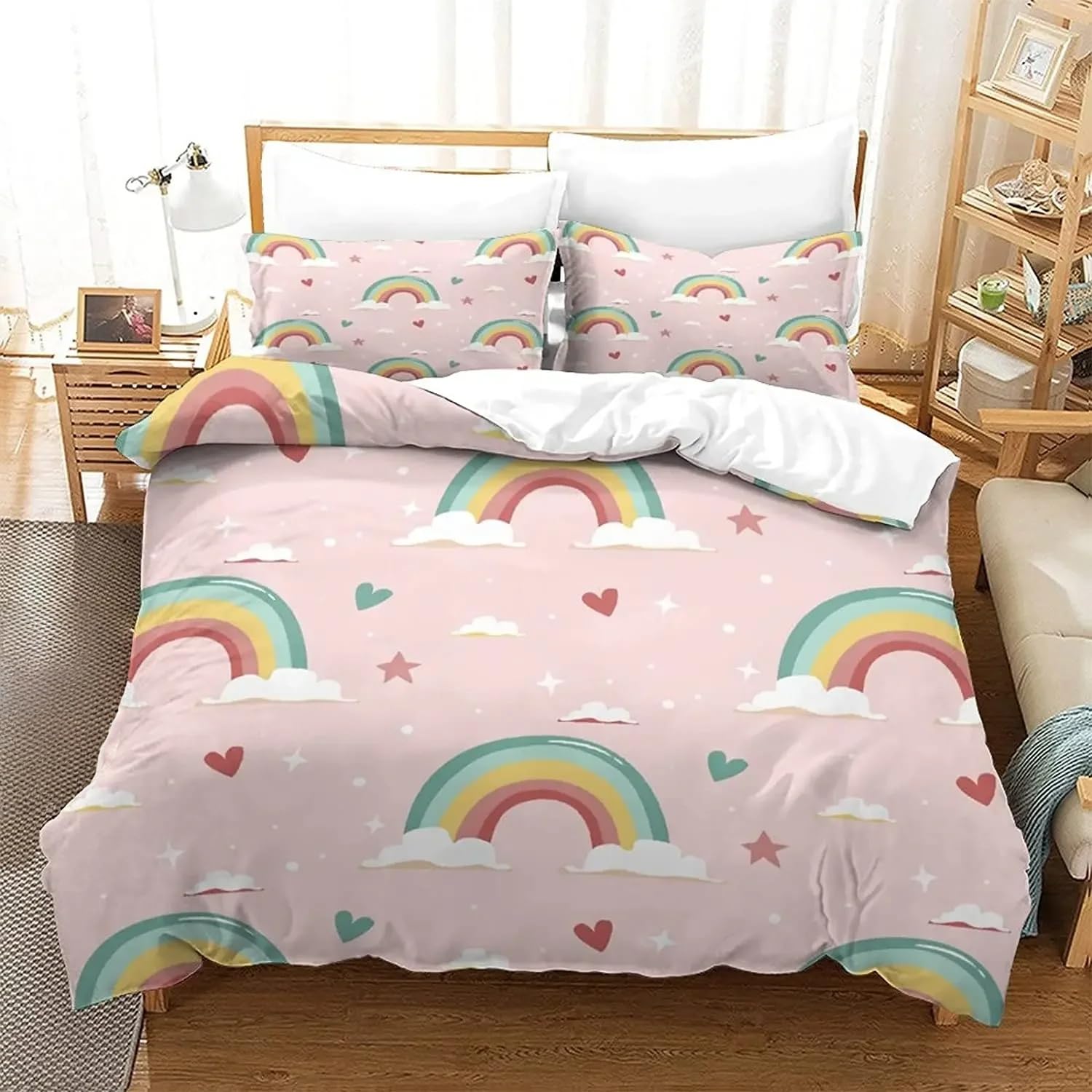 Housse de couette rose avec fermeture éclair lit King parure étoiles et nuages pratique