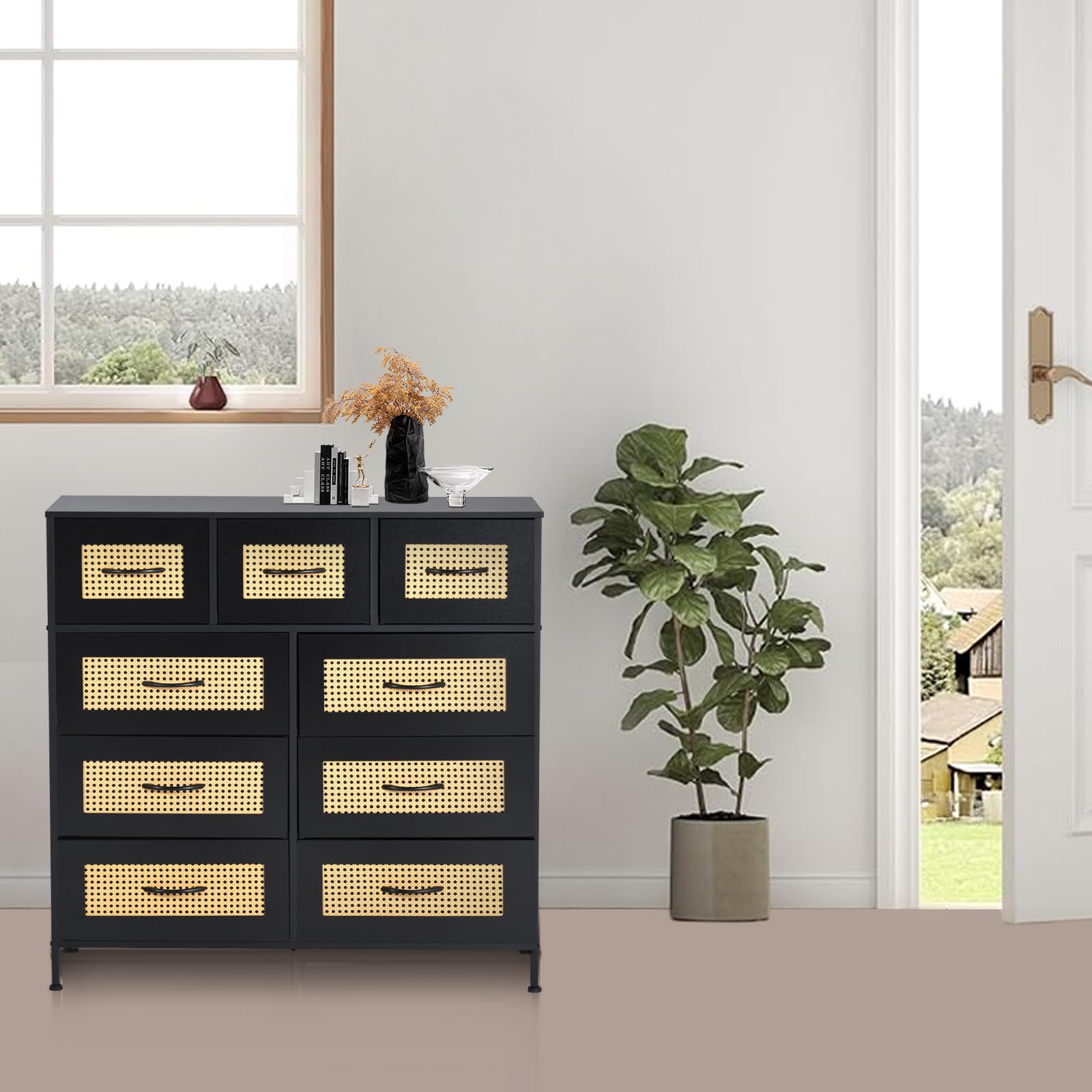 Mobile TV da 55 pollici, console multimediale in legno stile industriale con 9 cassetti portaoggetti in tessuto, lunghezza 100 cm, nero vintage, per soggiorno, camera da letto, cucina