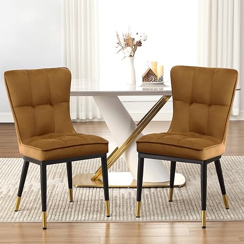 Miniatura 7 de Juego de 2 sillas de comedor modernas, cómodas sillas de comedor con asiento grueso, sillas de cocina tapizadas de terciopelo con patas de metal,