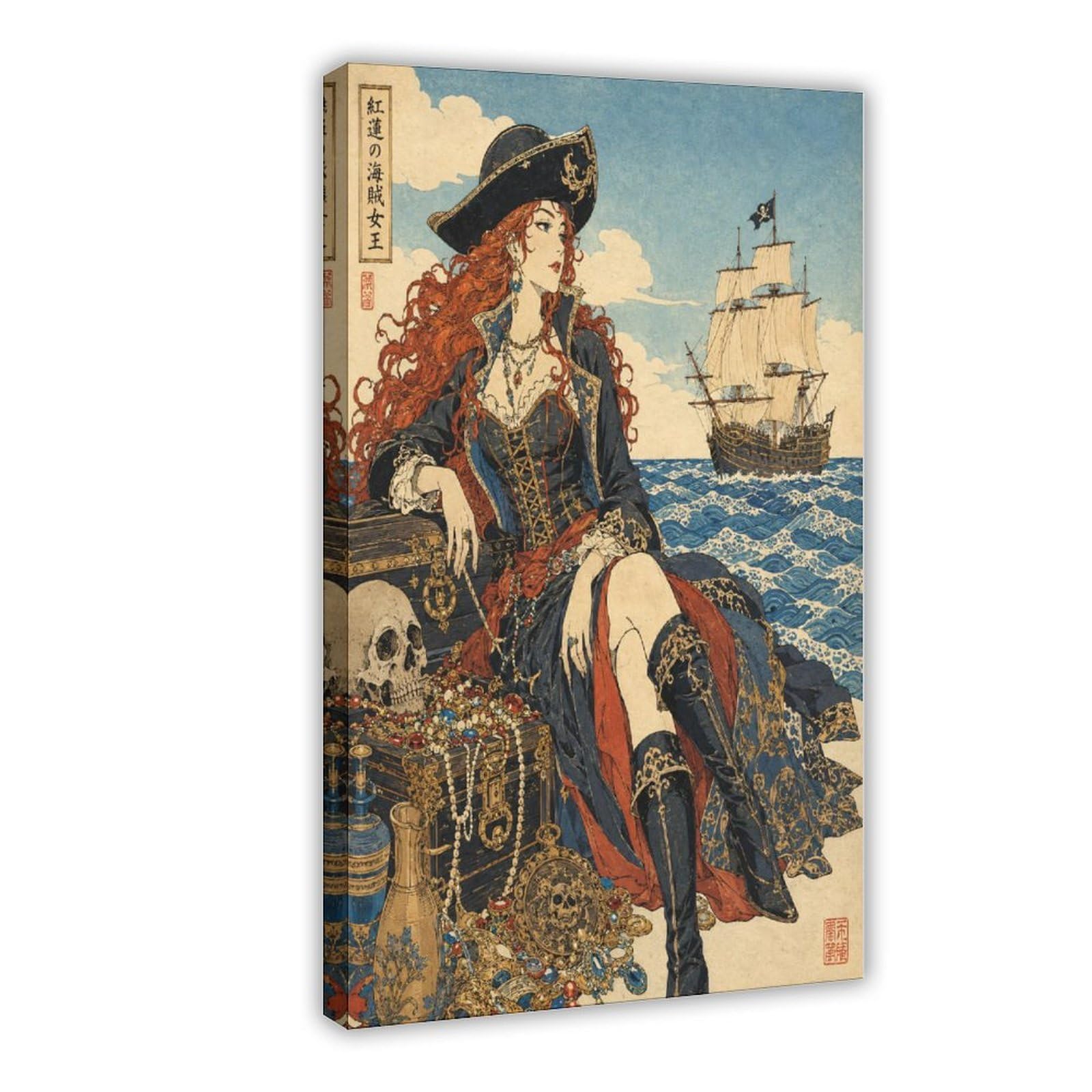 W7c8u2x3 Frame-Style-9 Pirate Queen With Ship Canvas Wall Art, Ocean Adventure Entryway
