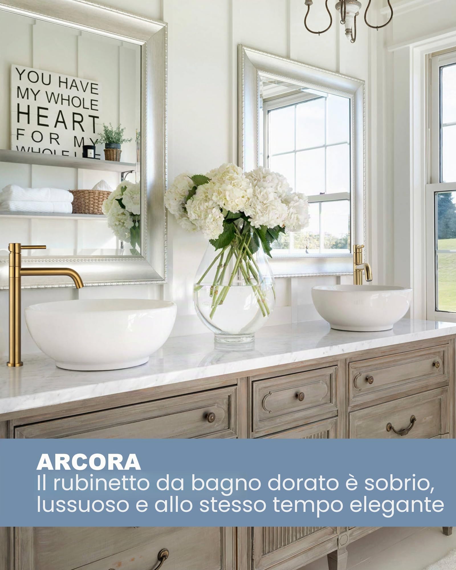 ARCORA Rubinetto Lavabo Alto, Miscelatore Monocomando Alto, Girevole 360°, Cartuccia Ceramica, Ottone Massiccio Acciaio Inox, Regolazione Fluida della Temperatura, per Lavabo da Bagno, Dorato