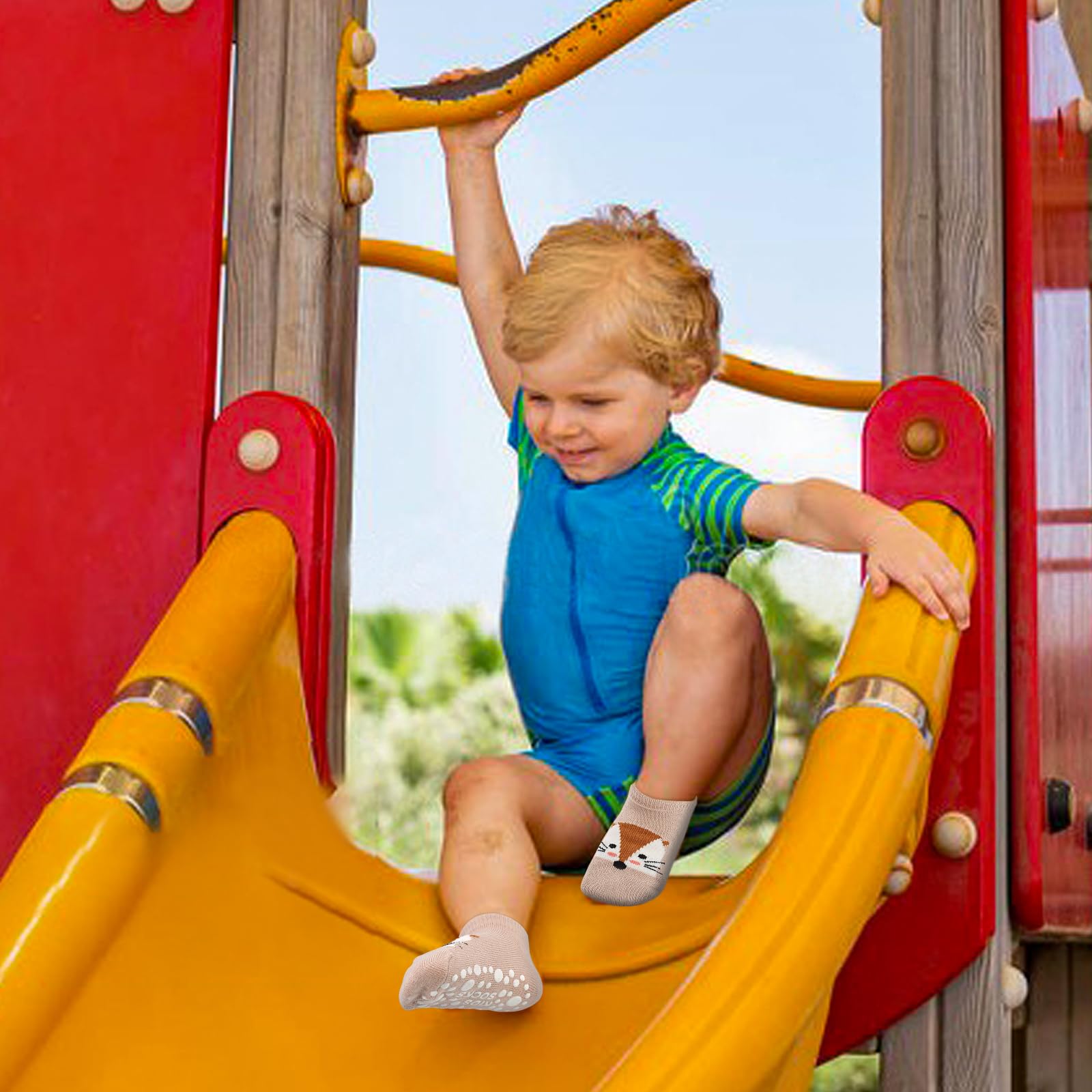 ELUTONG Calzini antiscivolo per bambini, 6 paia di calzini alla caviglia per bambini con impugnatura, simpatici cartoni animati, calzini antiscivolo per bambini da 0 a 5 anni