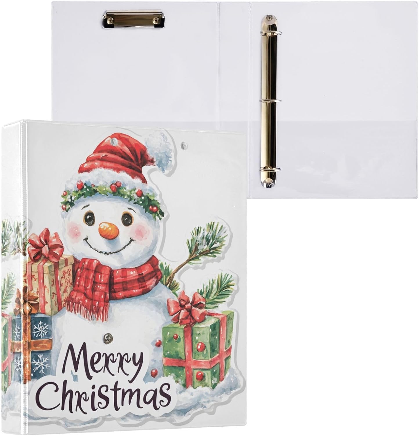 3 Ring Binder Xmas Snowman Gift Snowflake 1.5 inch Binders Three Ring Binders with Clipboard Fit 8.5'' x 11'' Paper 3 Interior PVC Clear Pockets for Office Supplies