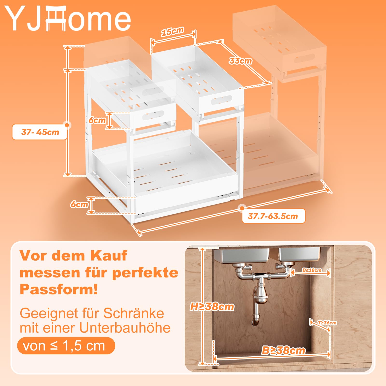 YJHome Upgrade 1 Stück Spülschrank Organizer Ausziehbare, Größe Metall Metall Spülenunterschrank Organizer Verstellbare Breite Höhe Under Sink Organizer für Küche, Bad, Unterschrank, Weiß