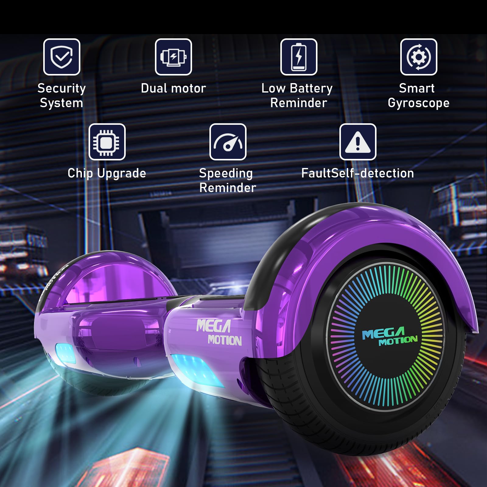 MEGA MOTION Hoverboards mit Hoverkart für Kinder, 6.5 Zoll Hoverboards mit Bluetooth Lautsprecher, mit LED-Leuchten, Geschenk für Kinder und Jugendliche