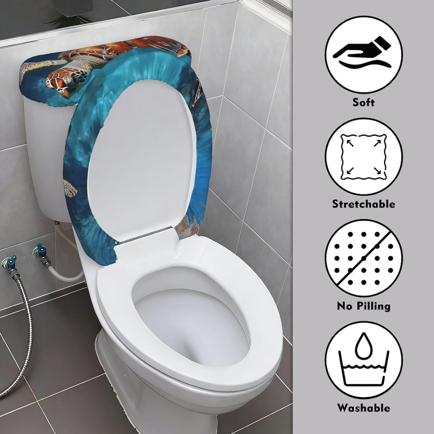 Ocean Cute Sea Turtle Oil Painting Toilet Tank Cover And Toilet Lid Cover Set Stretch Bathroom Toilet Lid Seat Cover