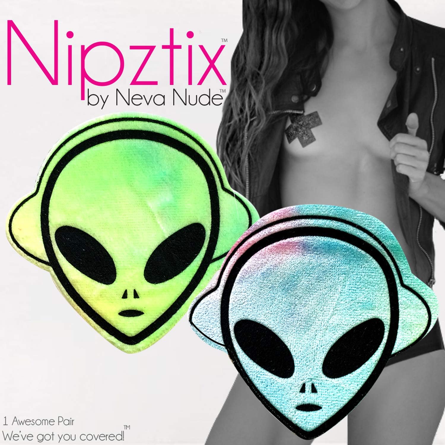 Neva Nude Kanye The Raver Tie Dye Alien Blacklight Velvet Nipztix Pasties Nipple Covers for Festivals, Raves, Parties, Lingerie and More, Medical Grade Adhesive, Waterproof and Sweatproof, Made in USA