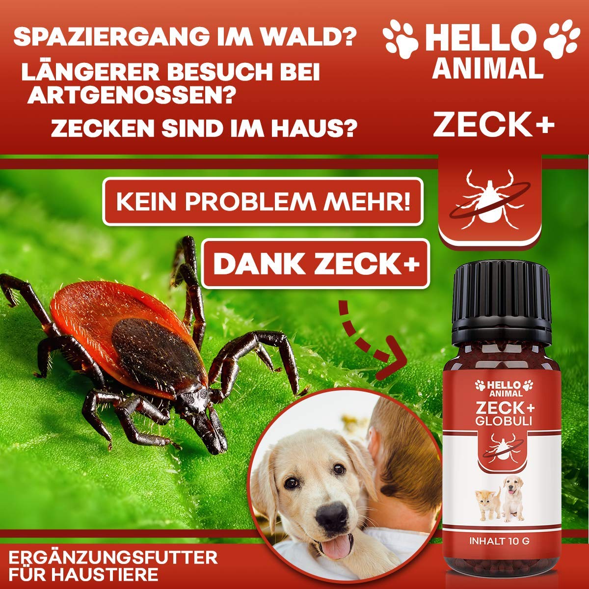 Hello Animal ZECK+ - Píldoras de 10 g, protección contra garrapatas, gato y perro, apoyo vegetal para el tiempo de las garrapatas, dosificación fácil, alimento complementario natural para animales