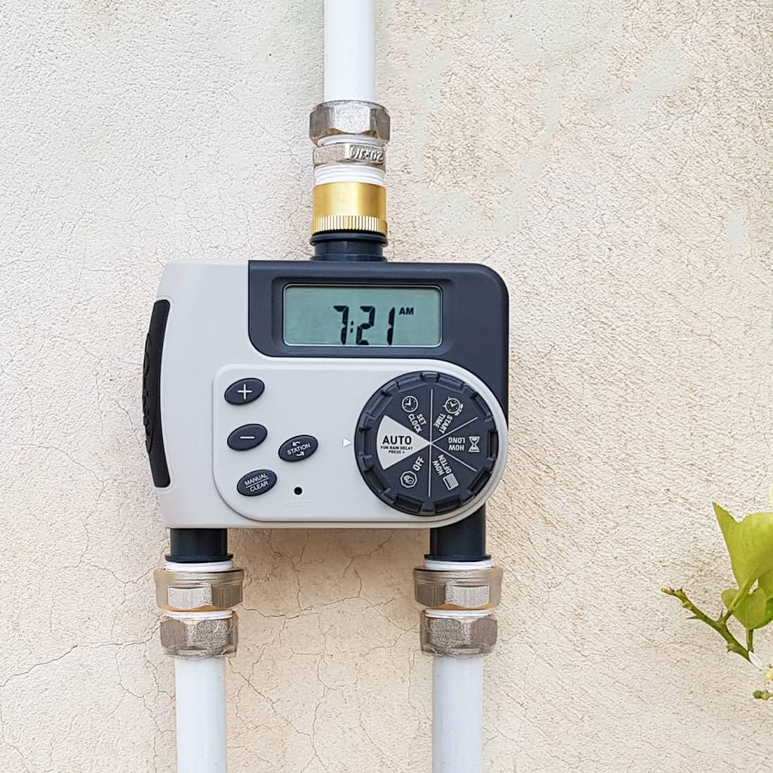 GNCGarden Orbit Buddy II irrigation programmer connected to a garden faucet.