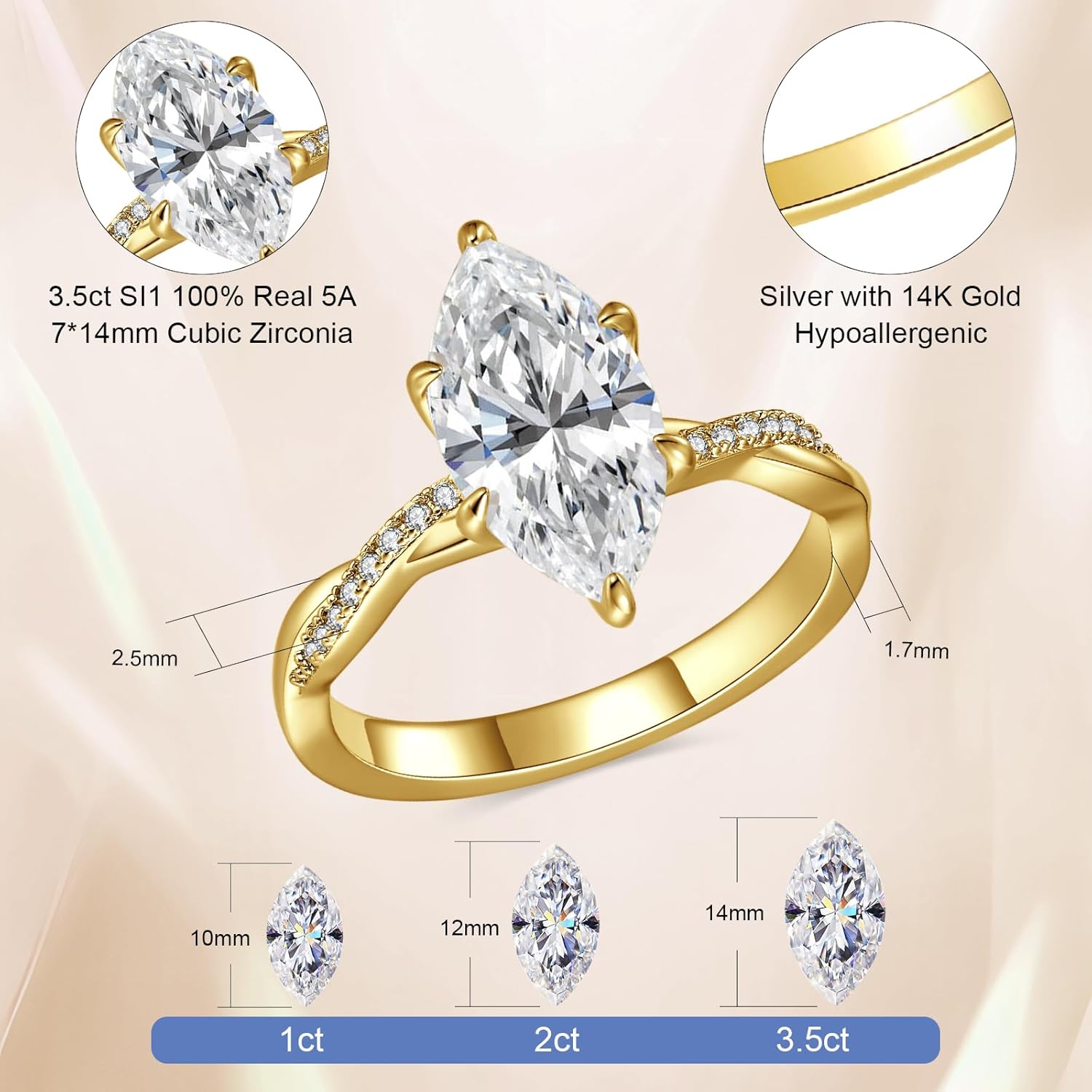3.5CT Marquise Cut Engagement Ring for Women, Infinity Twisted Promise Wedding Cubic Zirconia Band, White gold/14K Gold Plated Simulated Diamond Anniversary Rings Size 5-9 - Image 3