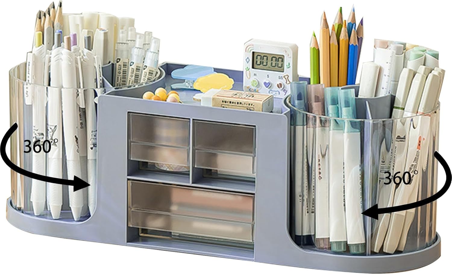 Double Rotating Desk Organizer with 3 Drawer, Desk Pencil Holder, Large Capacity Cosmetic Display Case, More Stable Double Pen Holder Art Supply Storage Box for Office Home (White)