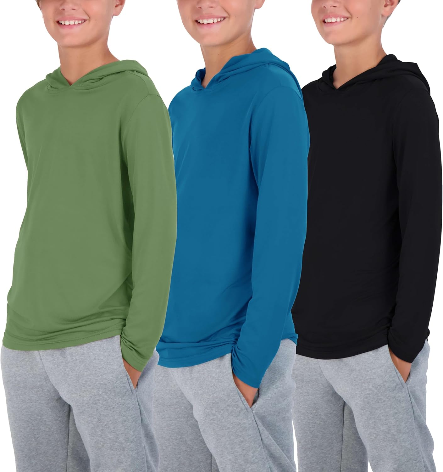Real Essentials 3 Pack: Dry-Fit Youth Boys Teen Active Long Sleeve Hoodie Sweatshirts - Hooded Pullover Shirts