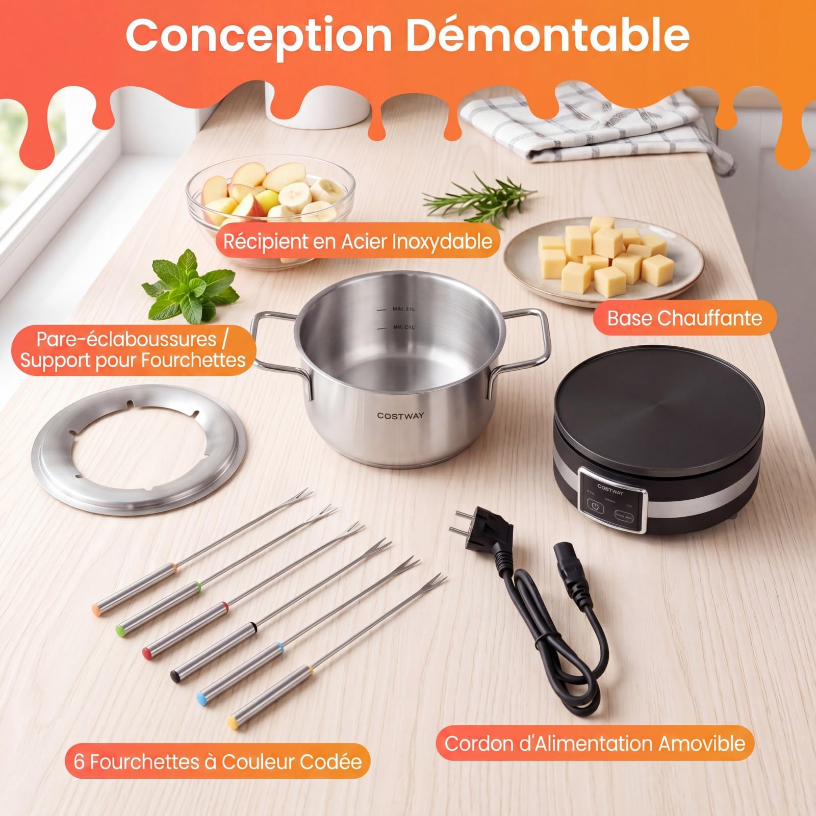 COSTWAY Appareil à Fondue Électrique 2,3L, 1200W, Service à Fondue en Acier Inoxydable, 6 Fourchettes Incluses, Thermostat Réglable, Compatible Lave-Vaisselle, pour Chocolat, Fromage