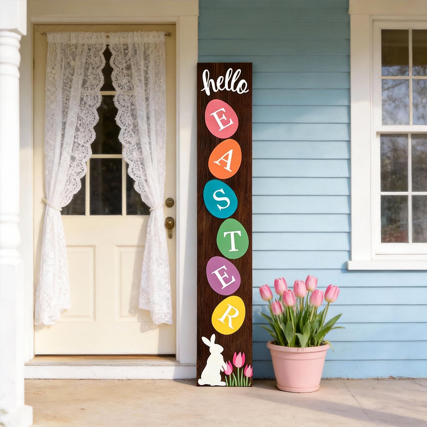 Happy Easter Porch Sign: 47" Wood Framed Bunny Rabbit Flower Decorations Easter Welcome Sign for Front Door, Rustic Farmhouse Hanging Standing Porch Leaner Yard Signs Decor for Garden Home - Image 9