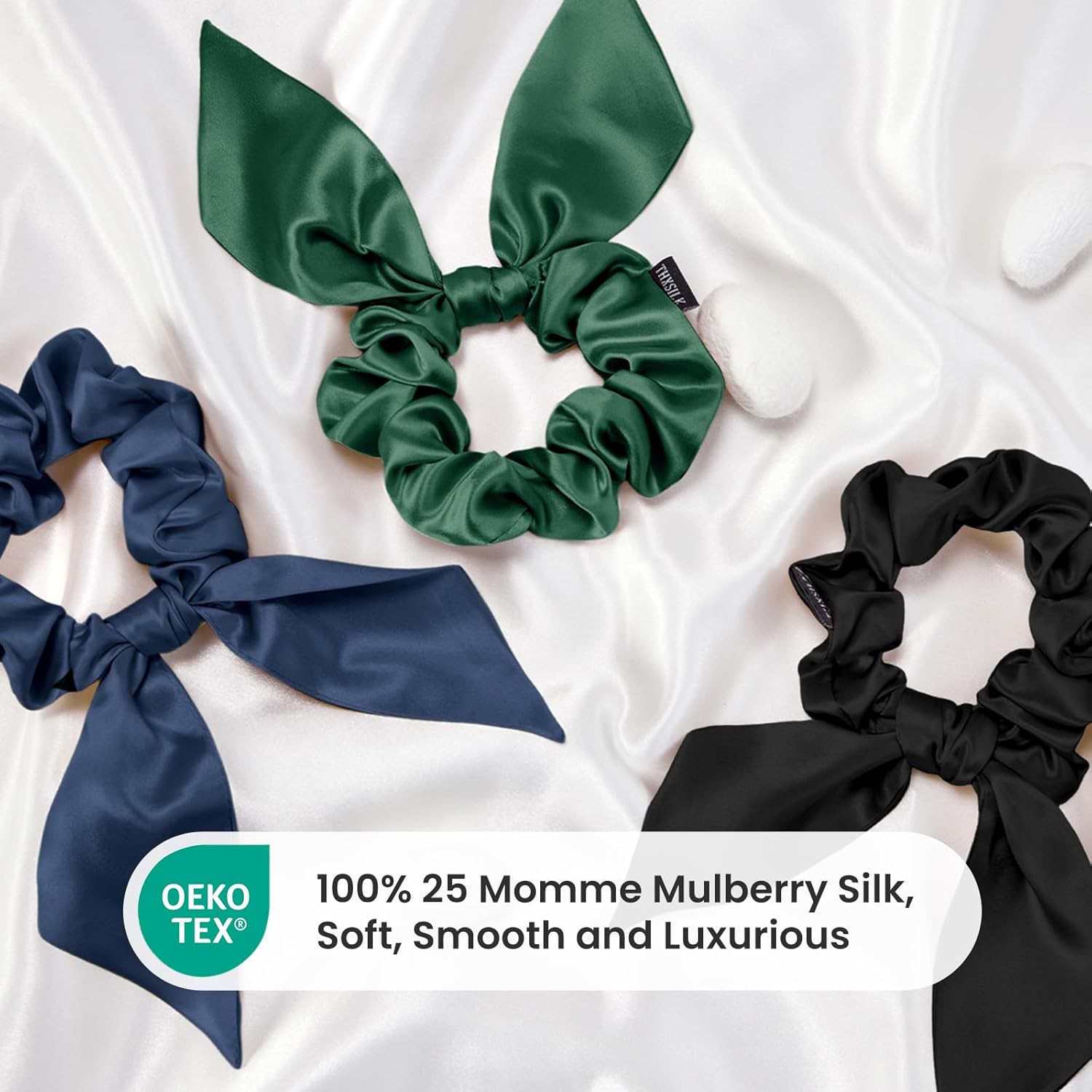 THXSILK 100% 25 Momme Pure Mulberry Silk Hair Scrunchies with Bow 3 Pcs Medium Cute Ring Ties Skinny Elastics Natural Materials Soft Smooth for Girls Women's Thick Hair Drak Color Accessories, 3.5"