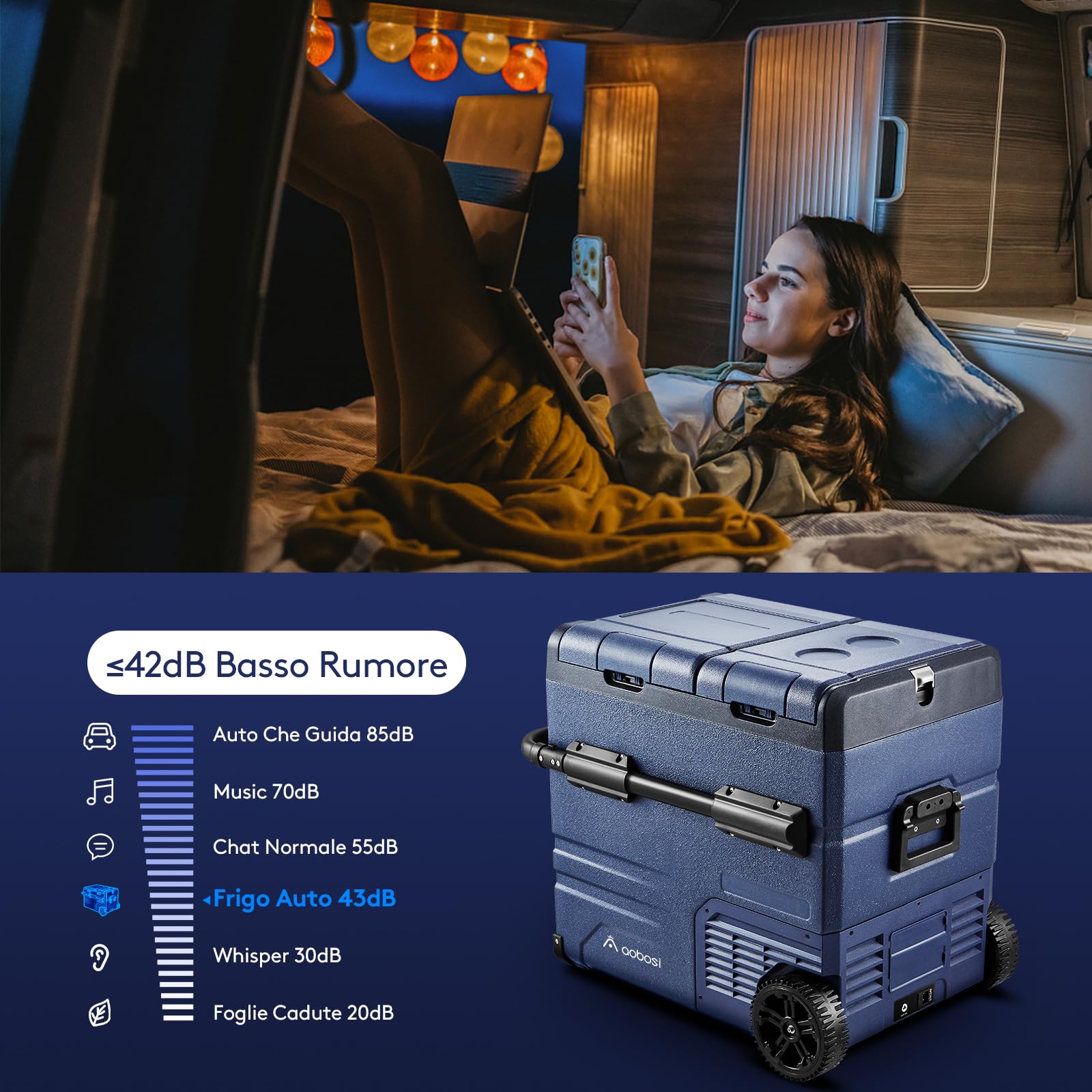 AAOBOSI 55L Frigo Portatile, Dual Zone, Frigo da Campeggio con APP, Ricarica USB, Illuminazione LED, 12/24 V e 100-240 V, -20°C a 20°C, Frigorifero Portatile con Ruote Per Molti Modelli Di Veicoli