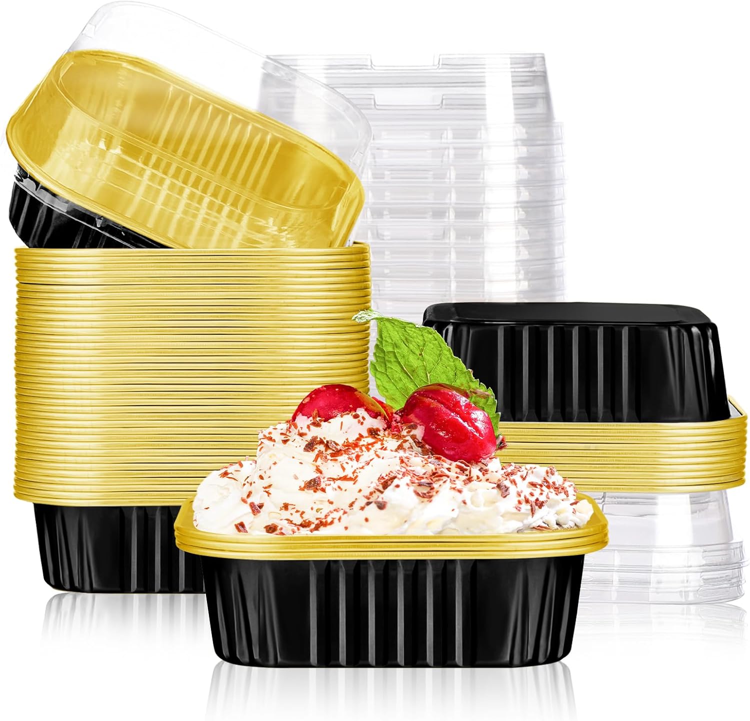 EUSOAR Mini Cake Pans With Lids, 12.3oz 360ml 50pcs Square Aluminum Cupcake Baking Cups Pans with Lids, Aluminum Foil Cake Brownie Desserts Muffin Liners Ramekins Cups Tin Holders Containers