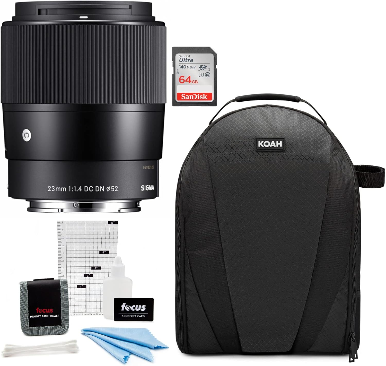 Sigma 23mm F1.4 DC DN Contemporary Series Large Aperture Lens for Sony E Mount with Lens Hood Bundle with Sling Camera Bag, 64 GB SDXC Memory Card, Cleaning and Accessory Kit (4 Items)