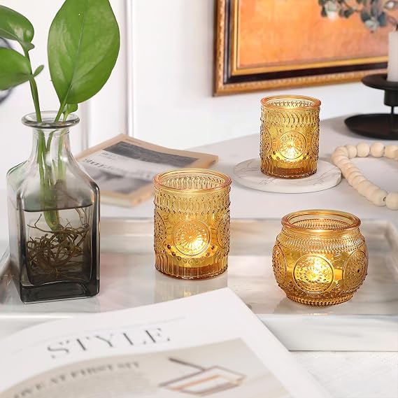 36 Pcs Amber, Blue, Green Glass Candle Holders - Bulk Assorted Tea Light & Votive Candle Holders - Fall, Wedding, Celebration Decor