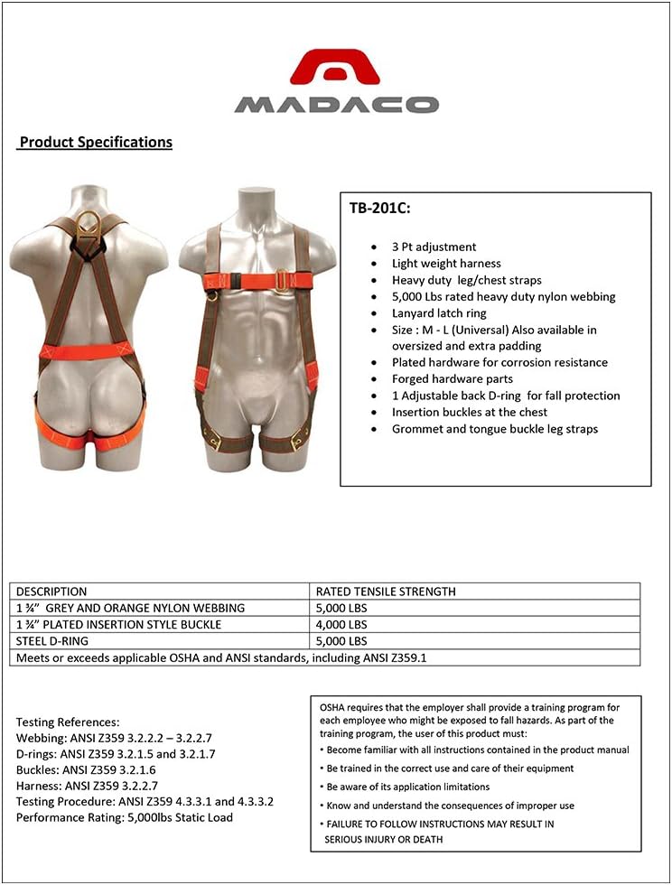 Madaco Roof Construction Fall Protection Heavy Duty Full Body Industrial Safety Harness Size M-XXL ANSI OSHA H-TB201C